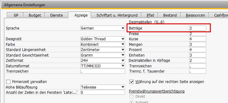 SAP Business One Konfiguration Allgemeine Einstellungen -> Anzeige Datev akzeptiert nur 2 Dezimalstellen für