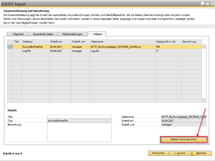 SAP Business One Anleitung DATEV Export - Schritt 4 Alle Dateien des Export-Laufes finden Sie unter Dateien.
