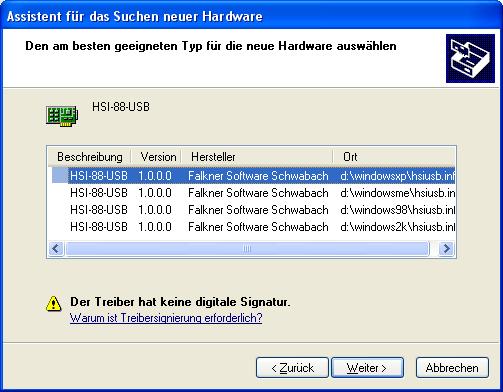 Handbuch 8. Wählen Sie wieder den richtigen Treiber für Ihr Windows Betriebssystem (im Beispiel für Windows XP) aus (Abbildung links).
