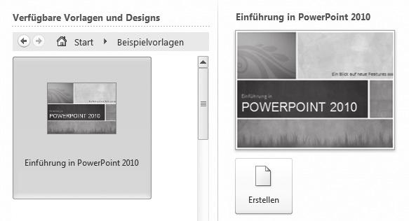 1 Willkommen zu PowerPoint 2010 Präsentation Klicke links auf das Miniaturbild der Vorlage, um sie rechts in der Vor schau zu betrachten. f Klicke auf Erstellen bzw.