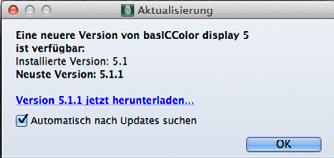 Wenn Sie diesen Menüpunkt anklicken, erscheint das Update-Fenster. Gleichzeitig wurde im Hintergrund abgeprüft, ob auf dem basiccolor Server eine neuere Version verfügbar ist.