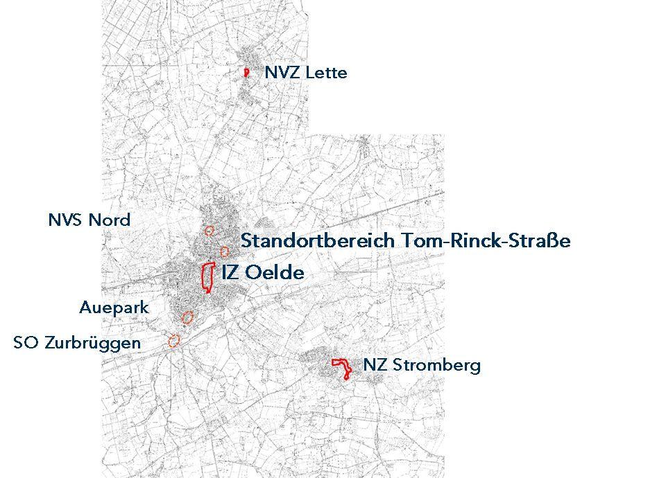 Abbildung 3: Zentrale Versorgungsbereiche und sonstige relevante Standorte in Oelde (Zielkonzept) Quelle: Einzelhandelsbestandserhebung Stadt + Handel 06/ 2008, Kartengrundlage: Stadt Oelde 4.