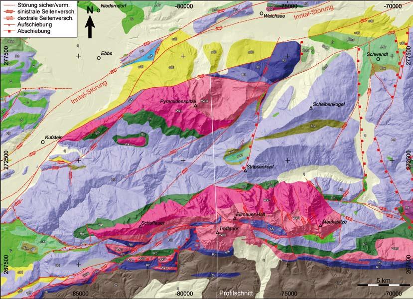 Abb. 2: Abgedeckte geologische Karte des Kaisergebirges ungefähr im Maßstab 1:100.000, zusammengestellt nach [3, 7-10].