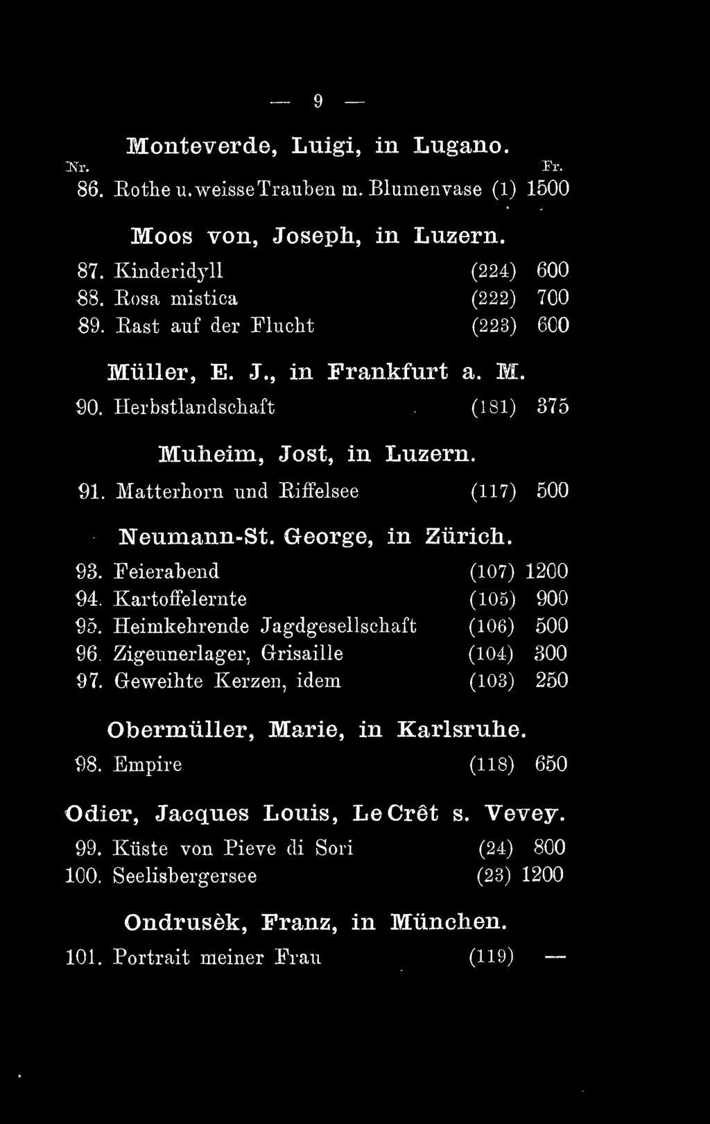 93. Feierabend (107) 1200 94. Kartoffelernte (105) 900 95. Heimkehrende Jagdgesellschaft (106) 500 96. Zigeunerlager, Glrisaille (104) 300 97.