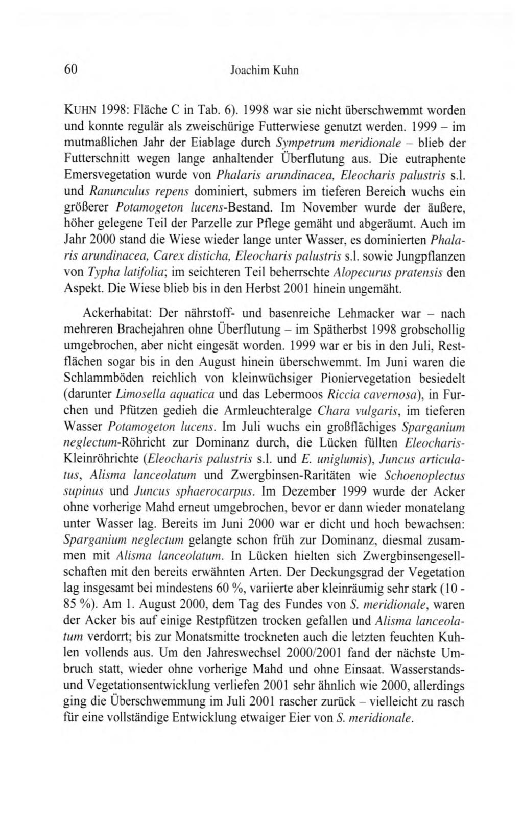60 Joachim Kuhn Kuhn 1998: Fläche C in Tab. 6). 1998 war sie nicht überschwemmt worden und konnte regulär als zweischürige Futterwiese genutzt werden.