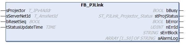 Programmierung 3 Programmierung 3.1 FB_PJLink Dieser Funktionsbaustein ermöglicht die Kommunikation zu einem Projektor über TCP/IP und kann zum Steuern und Überwachen verwendet werden.
