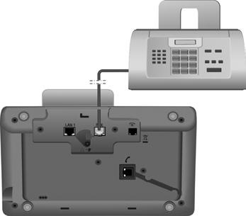 Weitere Geräte anschließen/nutzen 1 2 3 1. Führen Sie ein Ende des Fax-Anschlusskabels von hinten durch die Aussparung im Gehäuse. 2. Stecken Sie den Stecker in die Fax-Anschlussbuchse des Basistelefons (Beschriftung: FAX).