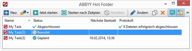 Im Hauptfenster von ABBYY Hot Folder wird eine Liste eingerichteter Tasks angezeigt.
