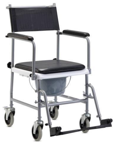0001 Toilettenrollstuhl TS-1 Mobiler Toilettenrollstuhl Sehr stabiler Stuhl mit Armlehnen Inklusive schwenkbarer Beinstützen Integrierte Feststellbremse Leicht zu reinigen Pulverbeschichteter Rahmen
