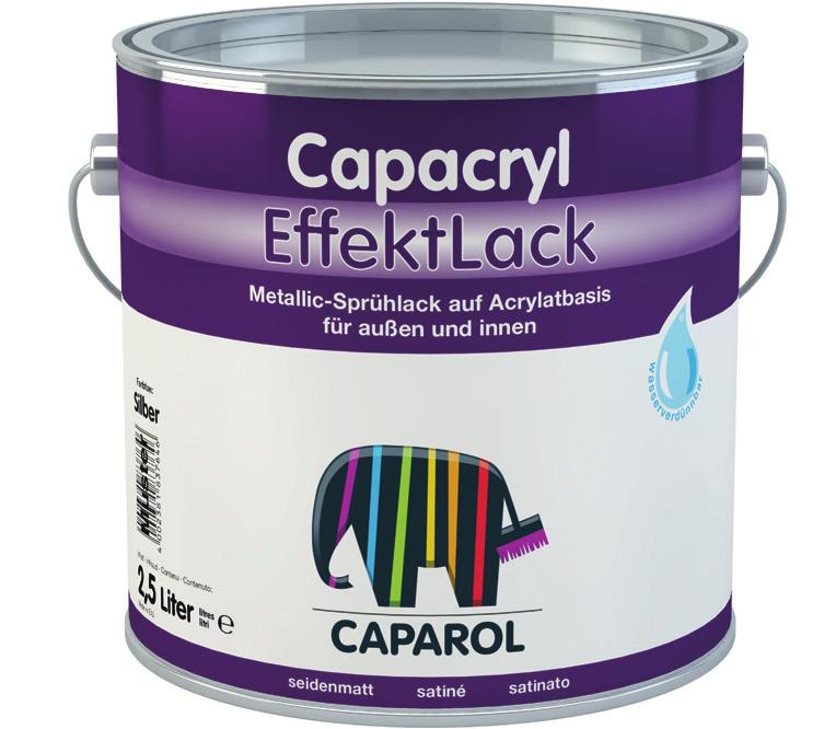 Lacke + Lasuren 3 / 9 Capacryl Effektlack Umweltfreundliche Metallic-Lackierungen Die beliebten Metallic-, Perlglanz- und Glimmerfarbtöne gibt es jetzt auch umweltfreundlich und geruchsarm: Der