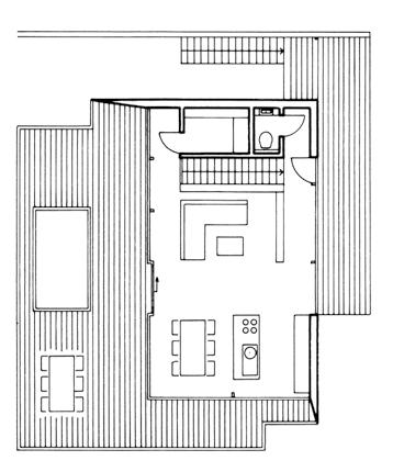 Eine raumhohe Verglasung zur Nordseite sowie eine kleine Terrasse und ein verbindender Garten sind Zeichen für die Zusammengehörigkeit mit dem Nachbargebäude.