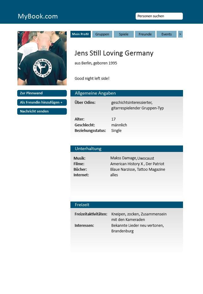 Aufgabenblatt Bild 4: Profil Jens still loving Germany Welche fünf Begriffe in diesem