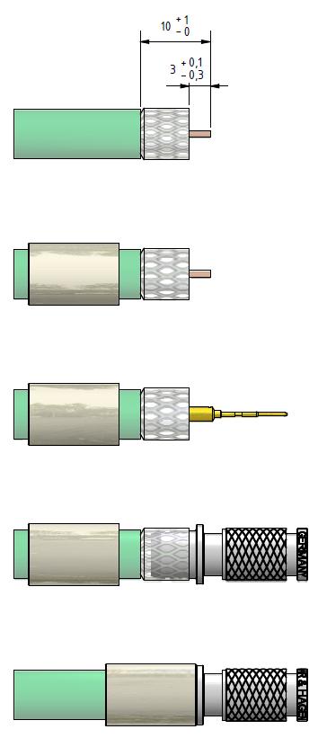 Montageanleitung 207 Kabel abisolieren Crimphülse auf das Kabel schieben und Geflecht aufweiten. Evtl. vorhandene Abschirmfolie nicht aufweiten.