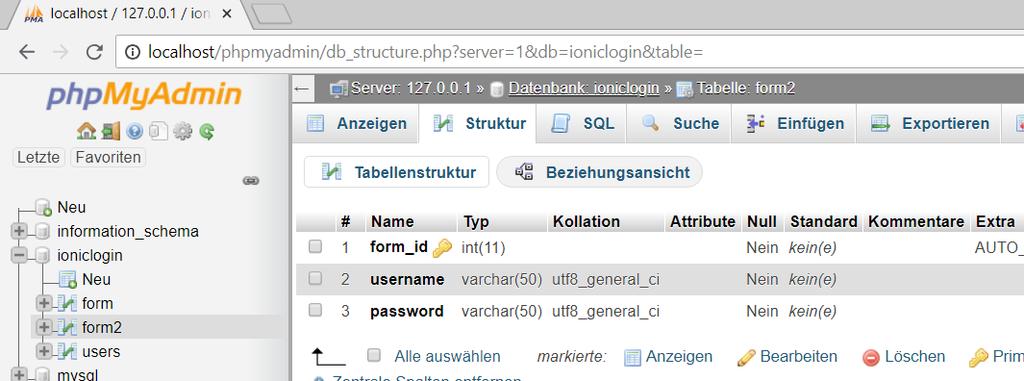 4)Erweiterung zu Dateneingabe mit username und password Speichern in Localhost-Datenbank Neue Tabelle in Datenbank mit username und password.