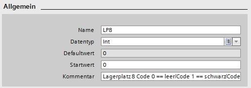 Für unseren Datenbaustein DB_Lagerbelegung gilt die folgende Struktur. Diese kann direkt in einer Tabelle oder in den Eigenschaften darunter unter Allgemein eingetragen werden.