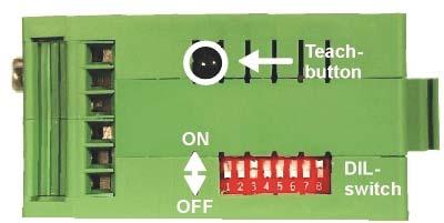 3. Einstellungen am DIL- Schalter Auf der Oberseite des Gerätes befindet sich ein 8- poliger DIL- Schalter, am dem die betriebsspezifischen Eigenschaften des Gerätes vorgewählt werden können.