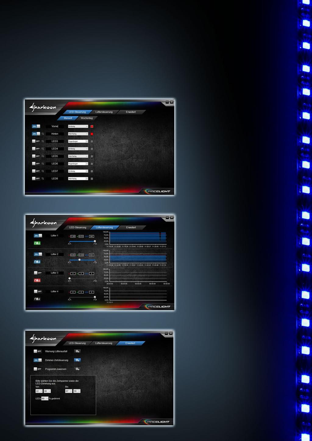 Leistungsstarke, intuitive Software Die PACELIGHT P1 Software bietet eine unabhängige Farb- und Effektsteuerung für jedes der bis zu acht angeschlossenen LED-Elemente.