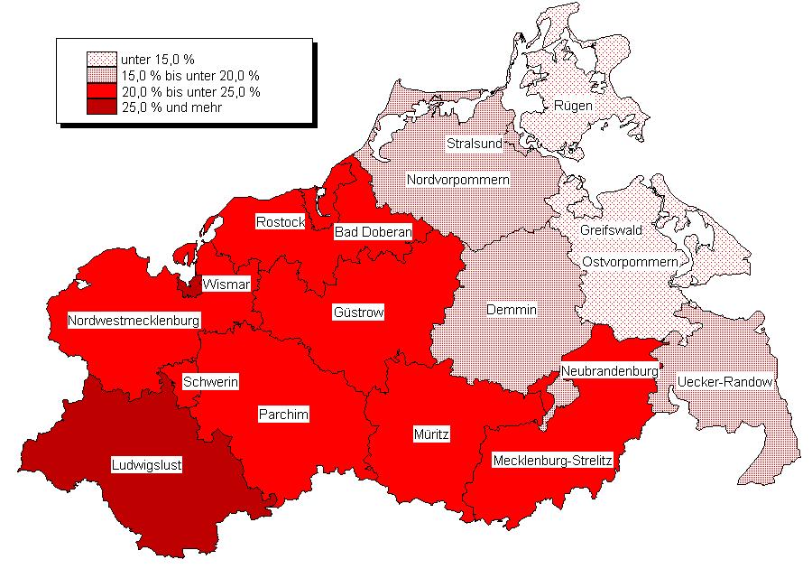 Noch: 4.5 Ergebnisse der Parteien nach Kreisen Noch: 4.5.1 Anteil der Stimmen ausgewählter Parteien an der Gesamtzahl gültiger Stimmen 1999 nach Kreisen SPD Noch: 4.