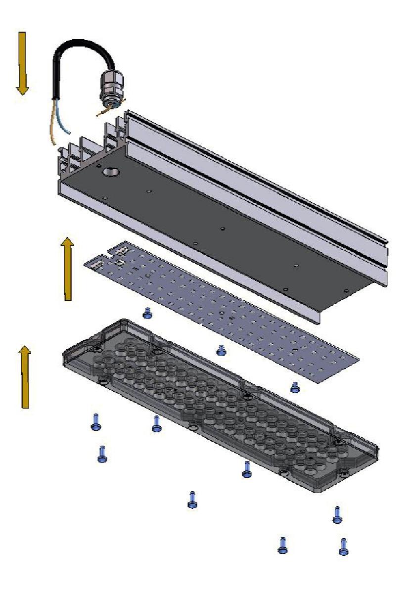 Montageanleitung für das Industrie-Kit Verlängerte Indexpins Schritt 1 Platzieren und Befestigung der LED-Platine auf dem Kühlkörper. Bitte verwenden Sie nur M4x6-Schrauben mit flachem Kopf.