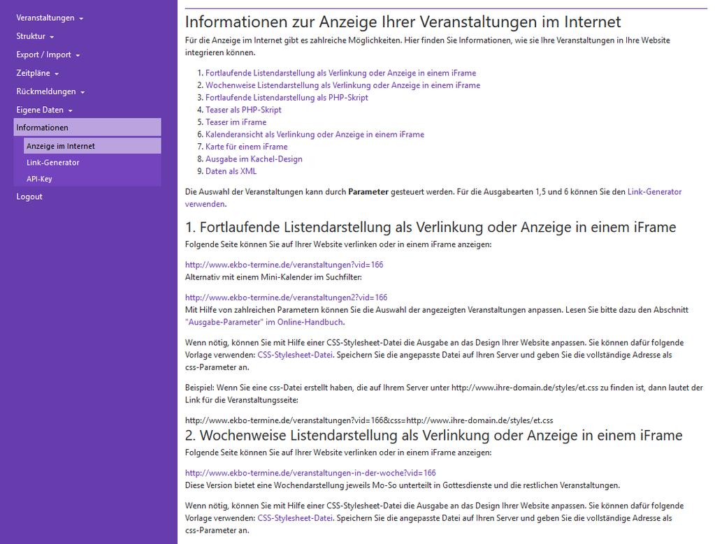 Info Ausgabe Anzeige von Veranstaltungen auf der