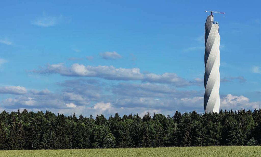 HOHE ANSPRÜCHE AUF ALLEN EBENEN Der thyssenkrupp-testturm in Rottweil ist ein ganz besonderes Bauwerk: Auf 246 Metern bietet er zwölf Testschächte für Aufzüge und zudem Konferenzräume mit einmaliger