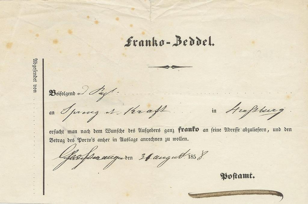 Abbildung 00.D.0.0.1858 -- Quelle Sammlung Barnier 00.D.0.0.1864 Titel : Schweizerische Postverwaltung. Empfangsschein des Postamts Thun. Quittung für die Post, dass der Gegenstand abgeliefert wurde.