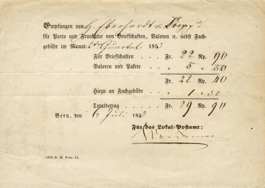 Abbildung 00.D.0.0.1853 -- Quelle Sammlung Egger 00.D.0.0.1854.1 Titel : Postverwaltung Schweizerische Empfangsschein besser Quittung zugunsten der Post, dass das Postgut richtig abgeliefert wurde.