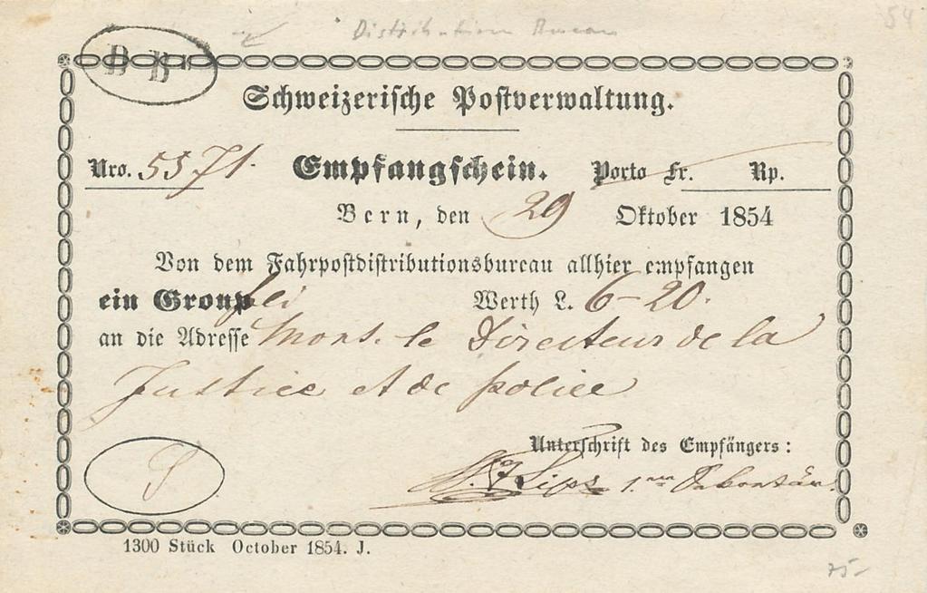 Abbildung 00.D.0.0.1854.2 -- Quelle Sammlung Egger 00.D.0.0.1854.2 Titel : Postverwaltung Schweizerische Empfangsschein besser Quittung zugunsten der Post, dass das Postgut richtig abgeliefert wurde.