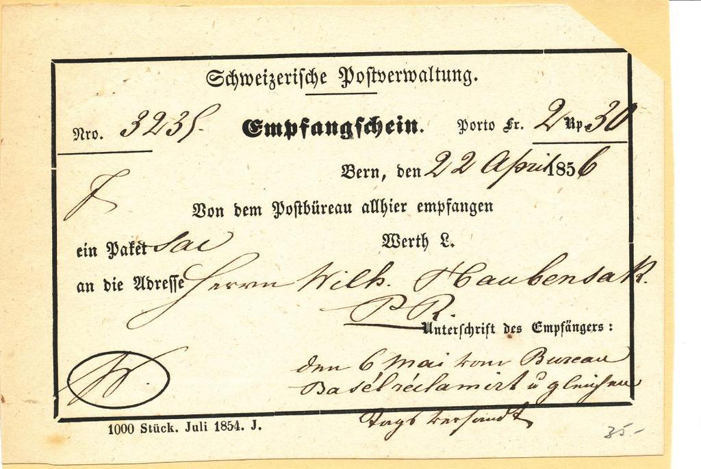 Abbildung 00.D.0.0.1854.2 -- Quelle Sammlung Gw 00.D.0.0.1856 Titel : Postverwaltung Schweizerische Q u i t t u n g Empfangsschein besser Quittung für bezahlte Portogebühren.
