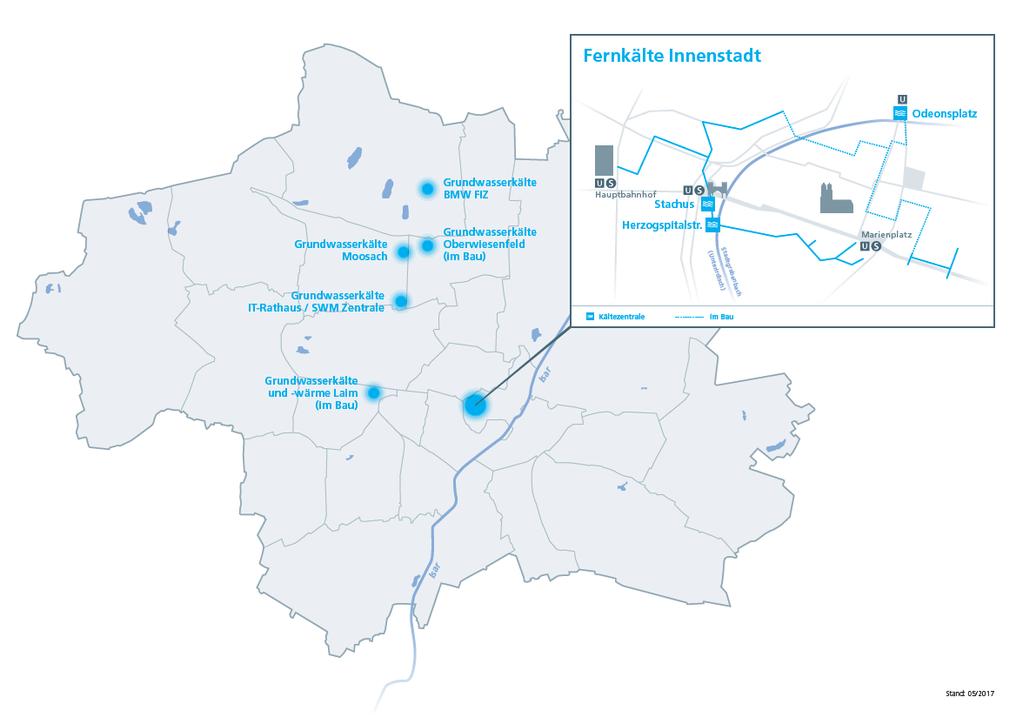 Ausbau der Fernkälte in München Fernkältenetz Innenstadt Oberflächengewässer zur Rückkühlung Warenhäuser, Büro, Ausbauziel: 150 MWth : 17 MW Anschlussleistung Grundwasserkältenetze Grundwasser
