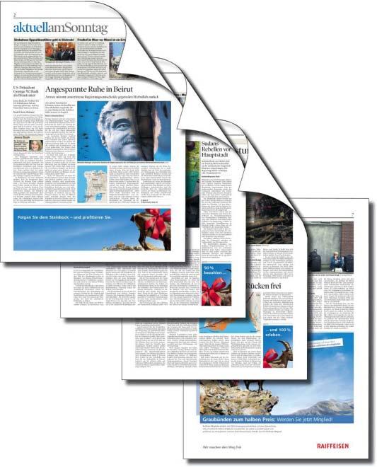 «NZZ am Sonntag» Sonderwerbeformen Teaserkampagne Beschreibung Reklame- und Textanschlussanzeigen über 4 Seiten rechtsfolgend.