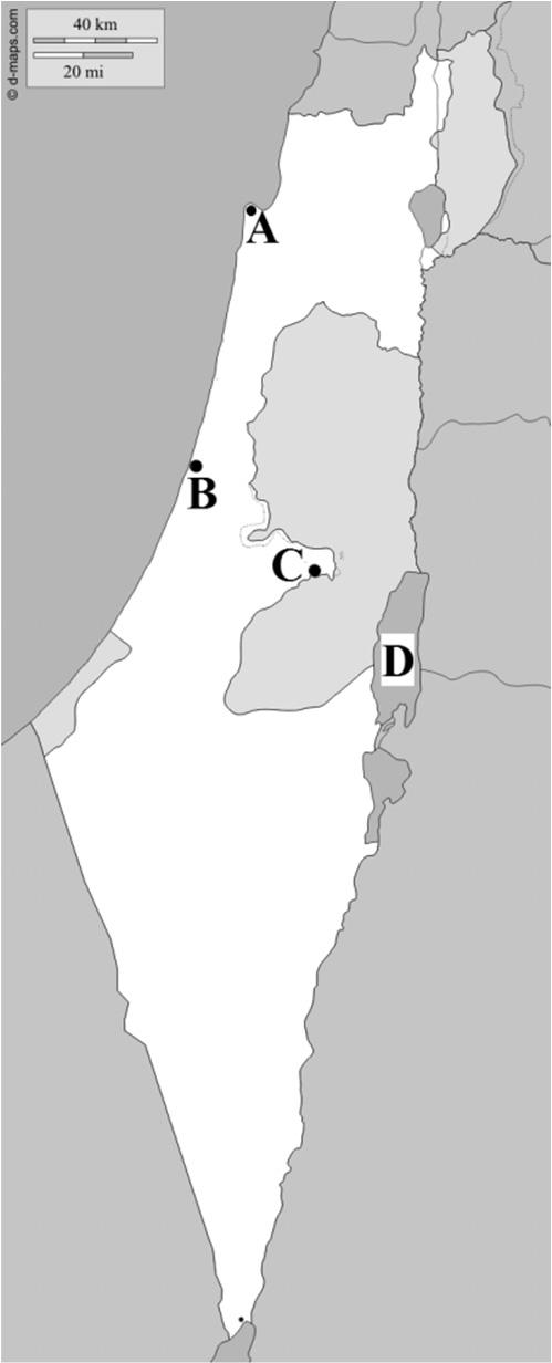 12. Lösen Sie die Aufgaben zu der Geographie Israels und der Türkei! a) Benennen Sie die auf der Landkarte mit großen Buchstaben gekennzeichneten geographischen Begriffe! A.... (Stadt) B.... (Stadt) C.