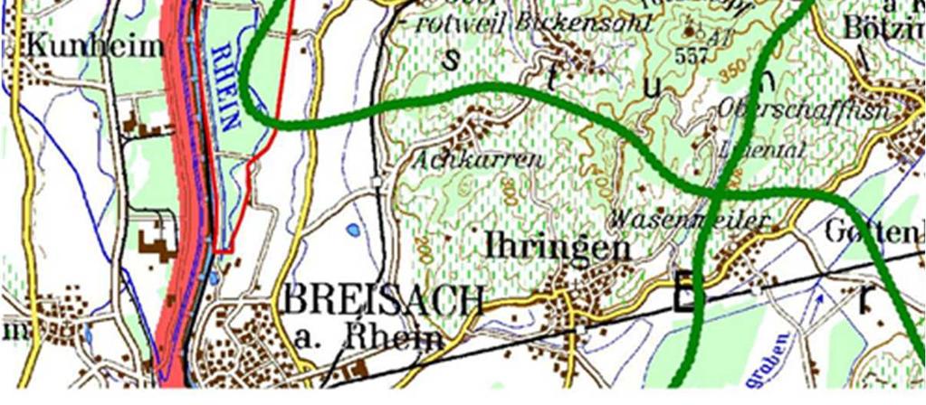 Das Stadtgebiet Breisach muss ostwärts über den Kaiserstuhl umgangen werden.