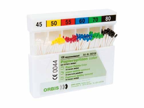 www.nwd.de/shop ORBIS Dental Papierspitzen, color Die Papierspitzen werden aus extrem saugstarkem Papier ohne chemische Zusätze und Bindemittel hergestellt.