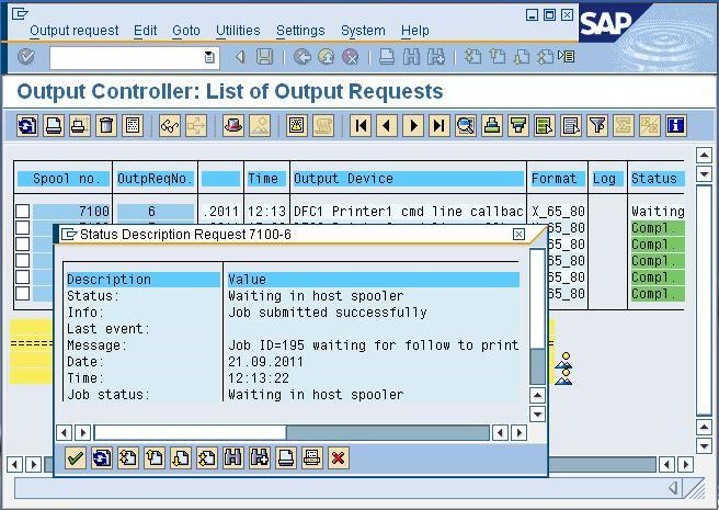 Nachfolgender SAP GUI Screenshot stellt den aktuellen Druckjob/Printer Status, sowie entsprechende Statusrückmeldungen aus einer Follow 2 Print Queue dar. Druckjob Status im SAP GUI 4.