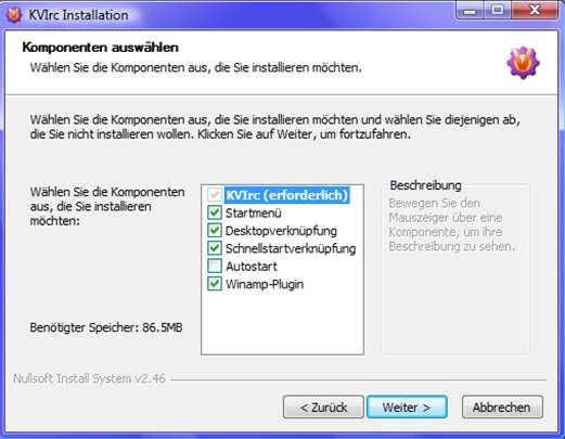 Im nächsten Fenster werden Sie aufgefordert die gewünschten Komponenten, die installiert werden sollen auszuwählen.