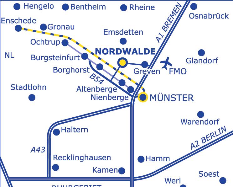 25 Min. Fußweg oder ab HBF Münster Regionalbus R73 bis ZOB Nordwalde, dann ca. 5-10 Min. Fußweg. AUTO: A1 aus Richtung Bremen: Abfahrt Greven, Richtung Nordwalde.
