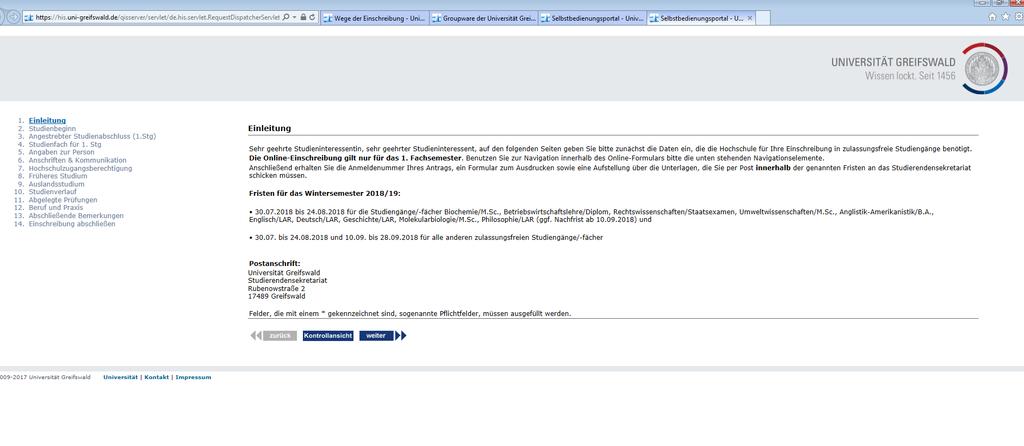 Immatrikulation im Online-Portal I https://www.uni-greifswald.