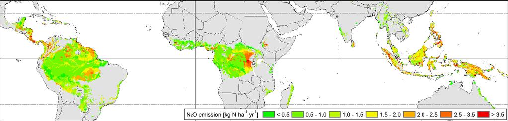Global N 2 O emissions inventory tropical forests frequency [1 3 simulations] 12 1 7 N 2 O emission [kg N ha -1 yr -1 ] 2. 2. 1. 1. median Q1 Q3 +76.% -34.6%.