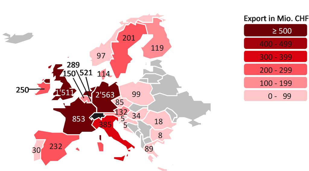 ICT-Dienstleistungsexporte nach Europa, 2015 Anmerkung: Die SNB zählt