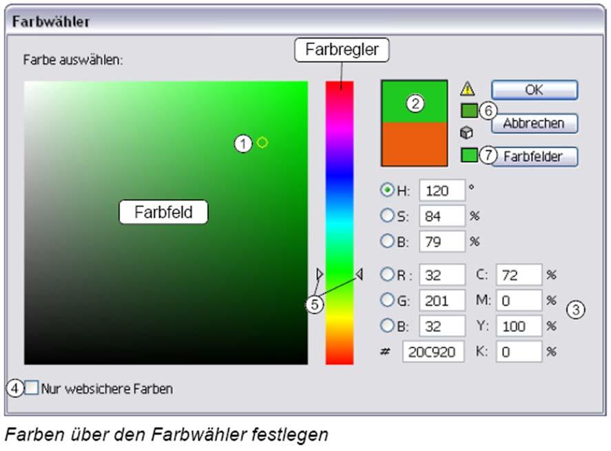 Farben einstellen mit dem Farbwähler Farben einstellen mit dem Farbwähler: Eine Farbe kann mit dem Farbwähler eingestellt werden.