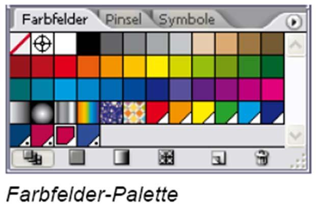 Mit der Farbpalette arbeiten Neben Farben werden auch Farbverläufe und so genannte Musterfelder in der Farbfelder Palette verwaltet.