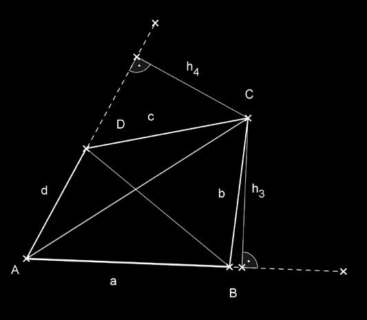 Die Behauptung der obigen Aufgabe für den Flächeninhalt des Vierecks lautet: 1 1 1 A ABCD ( a + c )( b + d ) = ( ad + bc ) + ( ab + cd ) 4 4 4 In das Viereck wird die Strecke BD