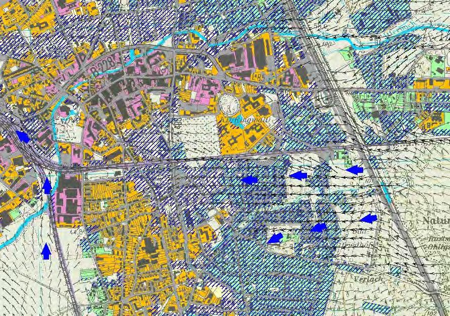 0,7 m/s Ausschnitt Innenstadt aus der Klimafunktionskarte Flächenhaftes Eindringen von Kaltluft mit einzelnen Leitbahnen