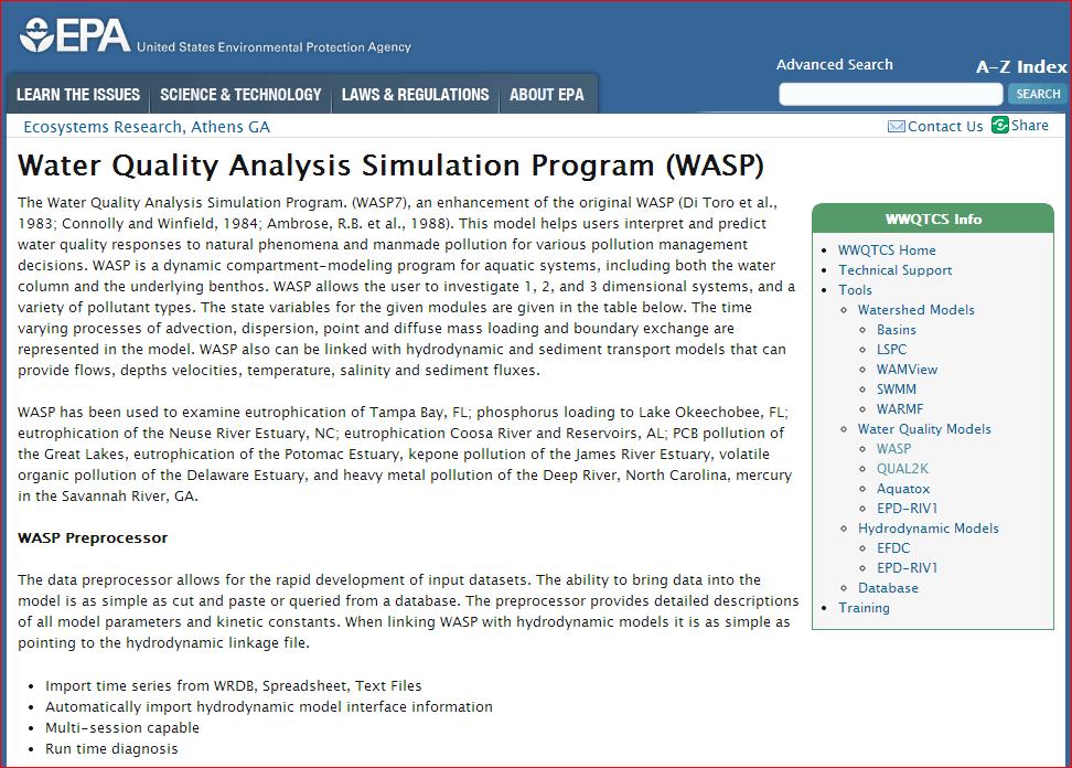 Standgewässer: WASP Simulationsprogramm der U.S. EPA zur Vorhersage der