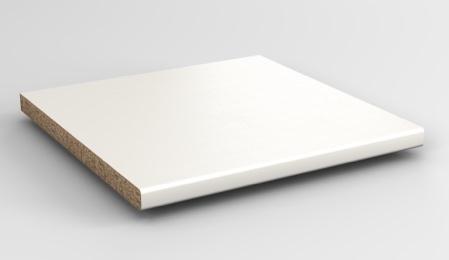 Küchenarbeitsplatte beleimt mit Hochdrucklaminat, 0,7 mm bzw. 0,8 mm, Vorderkante abgerundet Radius 4 mm.