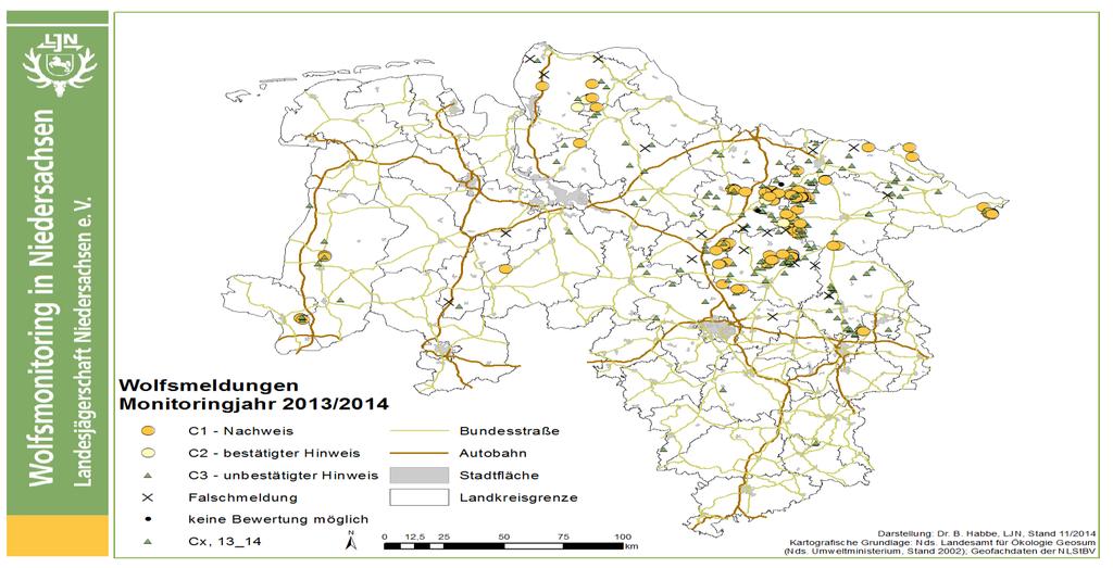 5: Wolfsnachweise in Niedersachsen für das Monitoringjahr 13/14 (Meldungen ohne