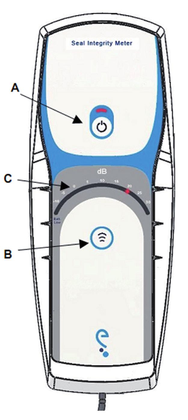 2. Funktionsprüfung mittels Seal Integrity Meter (INSITU-Messung) A : Ein/Aus Taste B : Testgeräusch-Taste C : Display Bevor die Messsonde des SI-Meters mit der zu prüfenden Gehörschutz-Otoplastik