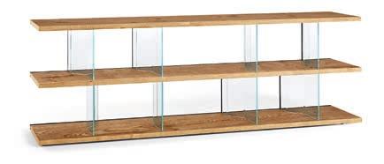 Système composée d'une base et d'étagères en bois Chêne veilli, montants en verre extralight de 12 mm.