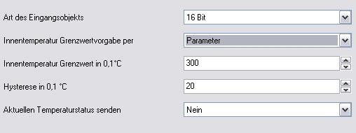 Wenn Innentemperatur Grenzwertvorgabe per Parameter gewählt wurde: Innentemperatur Grenzwert in 0,1 C 100 500
